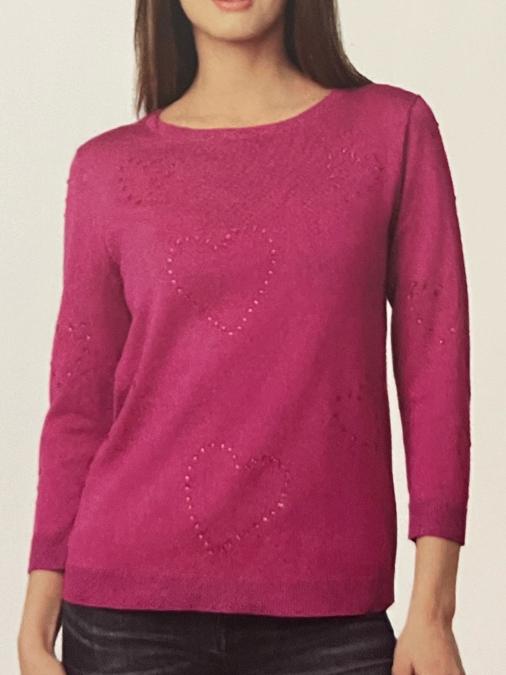 BERKLEY JENSEN Pink Rhinestone Heart Embellished Fuschia Crewneck Sweater M NWT